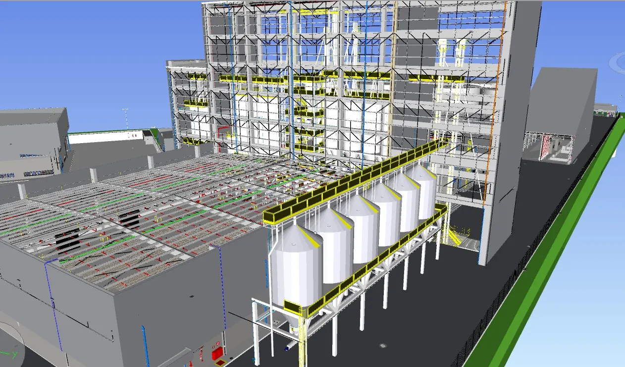Modelo 3D de planta industrial com torre estrutural, silos elevados, coberturas e redes de utilidades